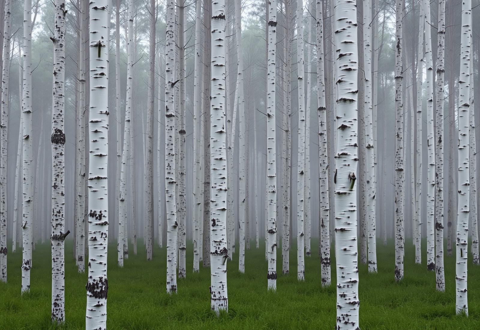 Birch forest in northern Sweden in soft mist