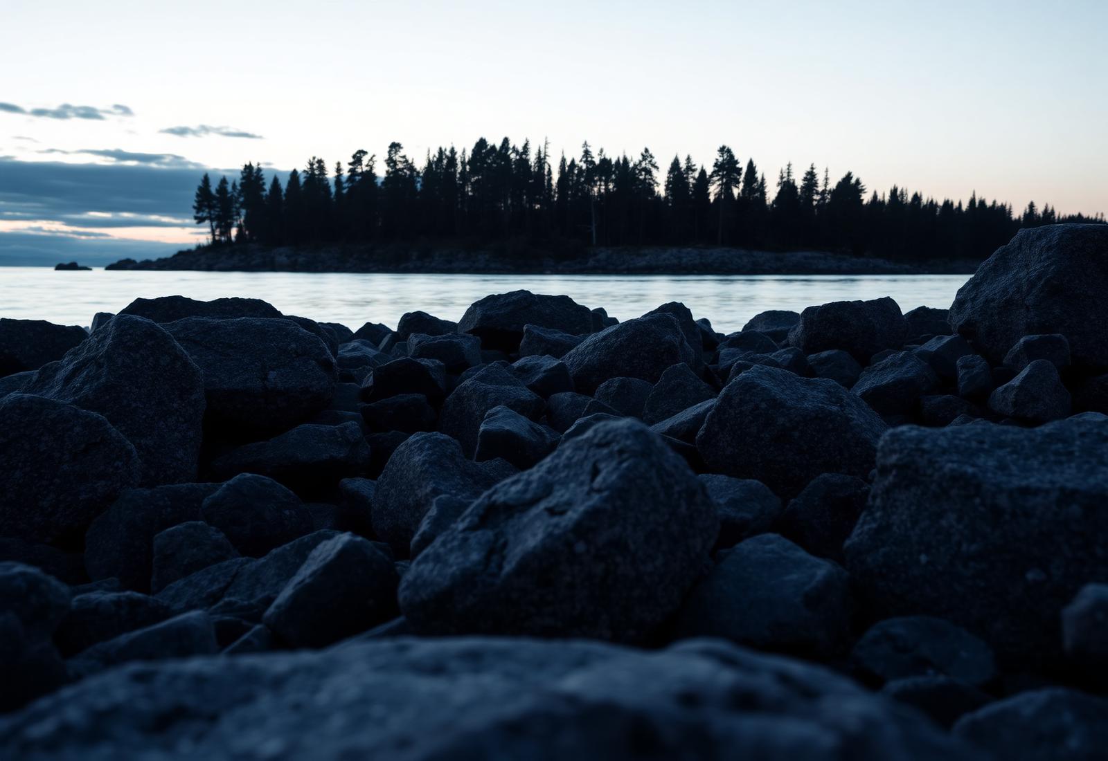 Granite rocks and Baltic water at dusk with pine silhouettes